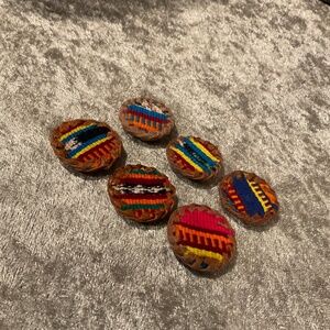 Vintage Set of 6 Guatemala Style Fabric and Leather Button Covers